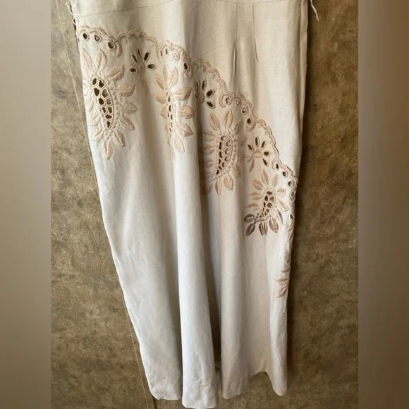 Vintage Original Franklin Embroidered Cutouts Shift Wiggle Dress M Linen Beige - Picture 3 of 16